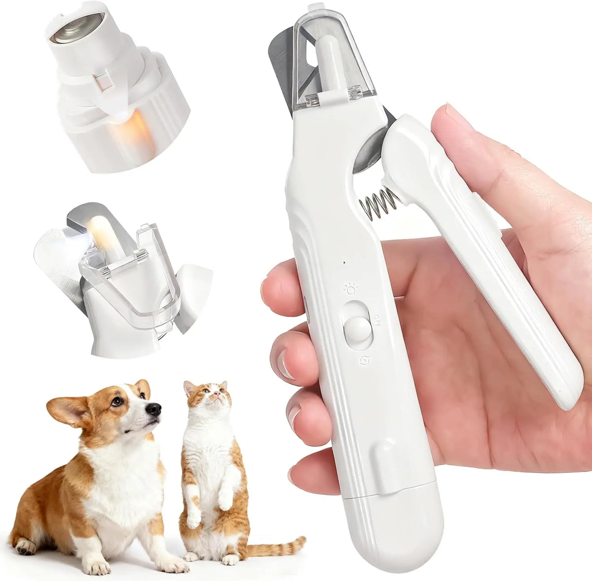Weißer elektrischer Nagelschneider und Trimmer neben einem Hund und einer Katze.