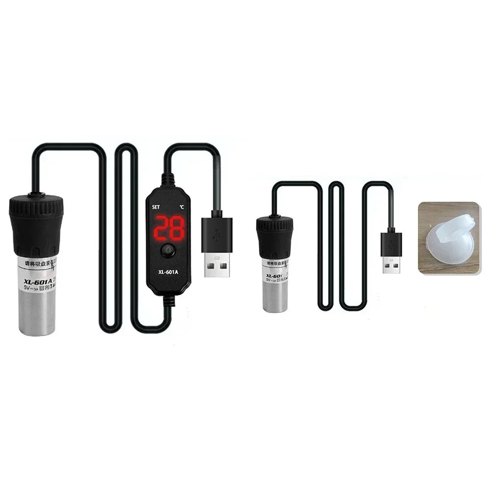Un juego de calentadores para acuarios USB ajustables con cables de manguera flexibles y adaptadores de corriente.