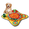 A golden retriever dog is looking down at a colorful, textured snuffle mat designed for slow feeding.