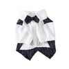 Camisa blanca con corbatín azul oscuro y tela a rayas blanco y negro para traje de mascota.