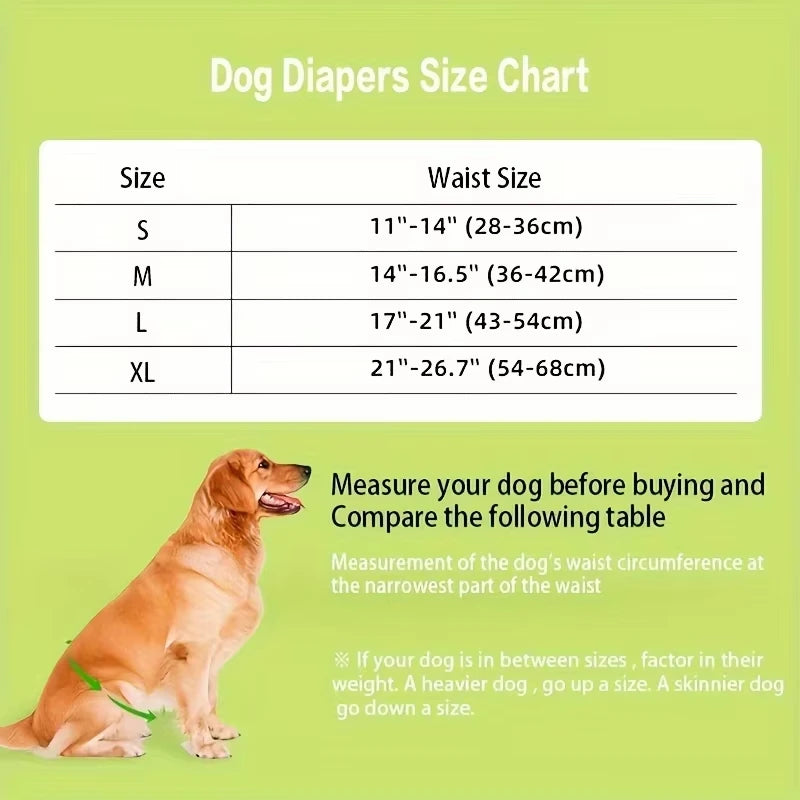 A size chart for dog diapers showing waist sizes for small to extra-large dogs.