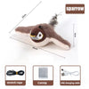 A fluffy brown and white bird toy resembling a sparrow, shown next to accessories like a stretch rope, catnip, and USB chargi