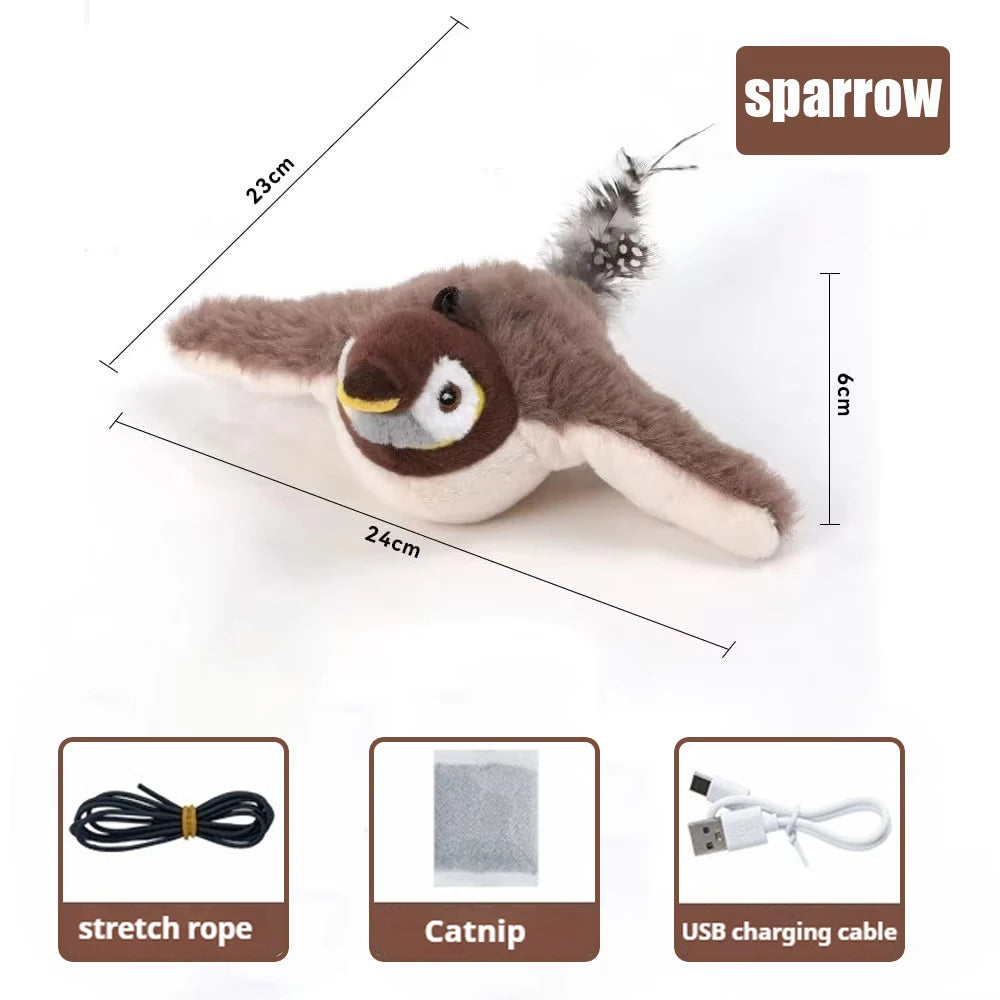 A fluffy brown and white bird toy resembling a sparrow, shown next to accessories like a stretch rope, catnip, and USB chargi