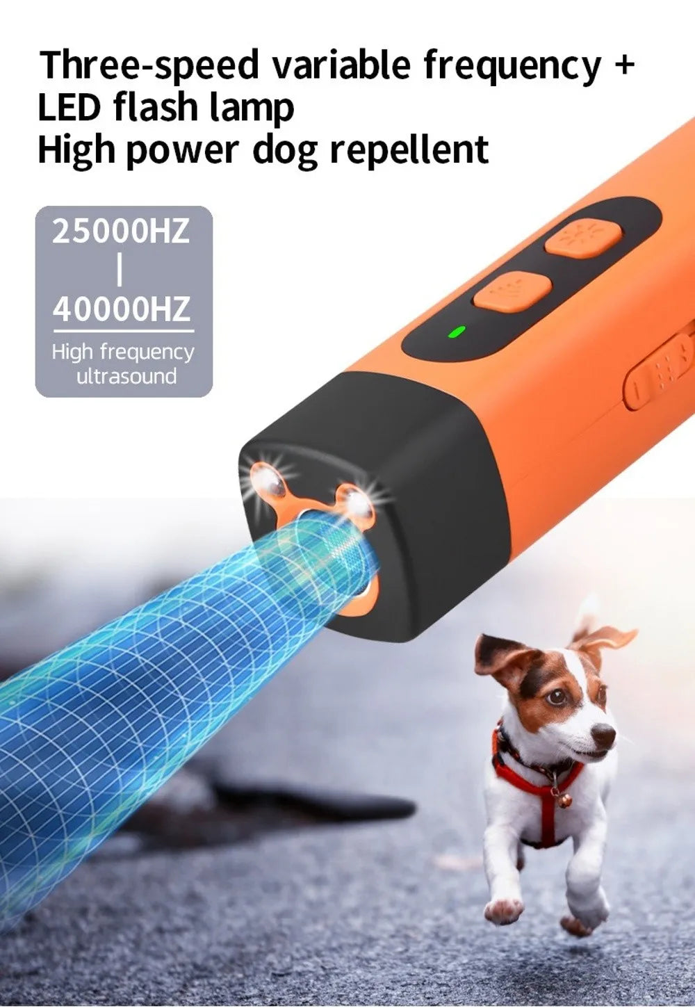 An orange ultrasonic dog repellent device emitting a blue frequency wave towards a dog.