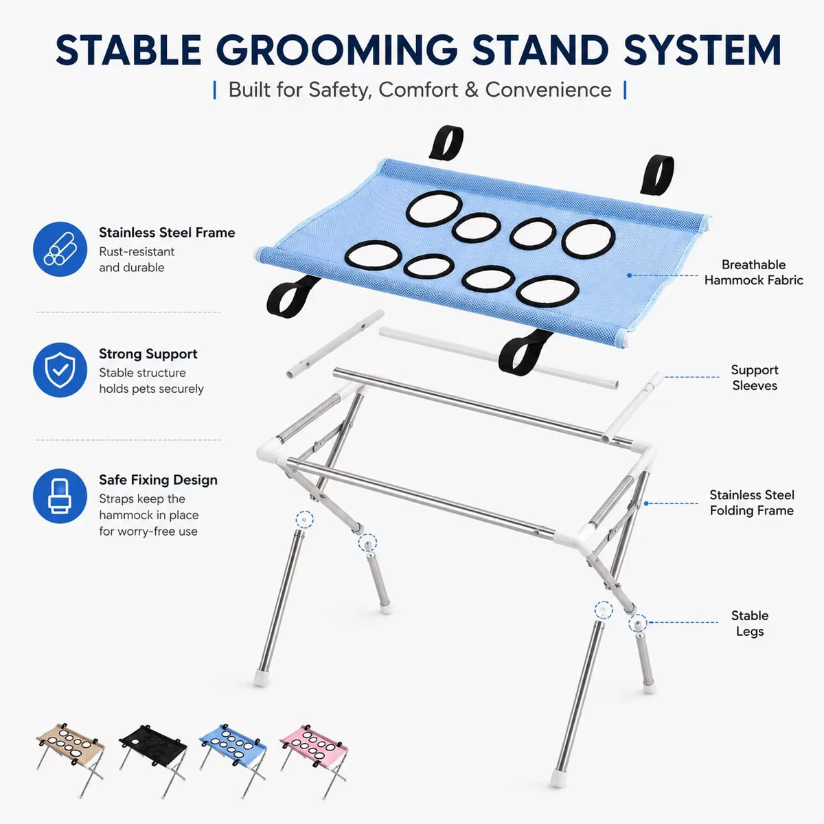 A blue stainless steel grooming stand system with a fabric hammock and folding frame for pet grooming.