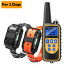 A black remote dog training collar with an LCD display and a yellow-orange strap is shown next to the device.