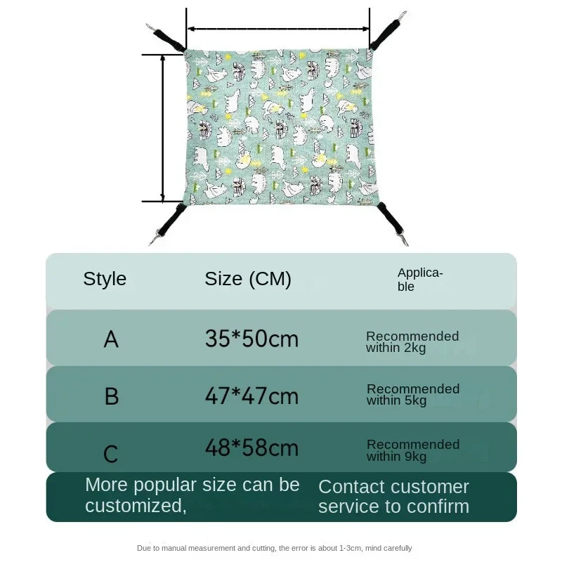 Ein Set aus drei Größen von hängenden Katzennestern oder Hammocks, gekennzeichnet als A, B und C, mit den entsprechenden Maße