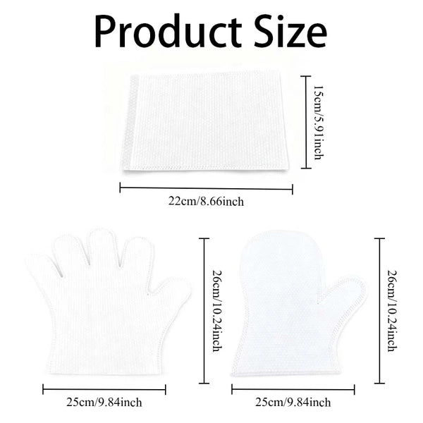 White disposable pet hair removal gloves shown with size measurements.