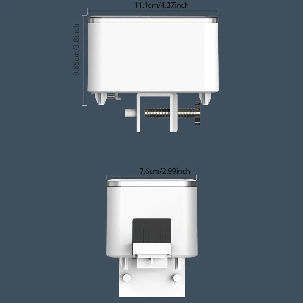 Distributeur automatique WiFi blanc pour animaux de compagnie et aquarium, vu de dessus et de côté.