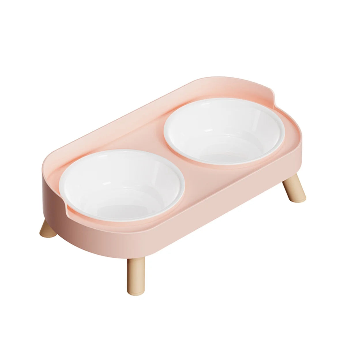 A pink stainless steel double bowl for dogs and cats with two white bowls.