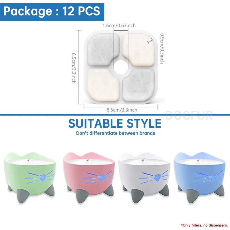 A package of 12 replacement filters for pet water fountains shown alongside various colored silicone filters.