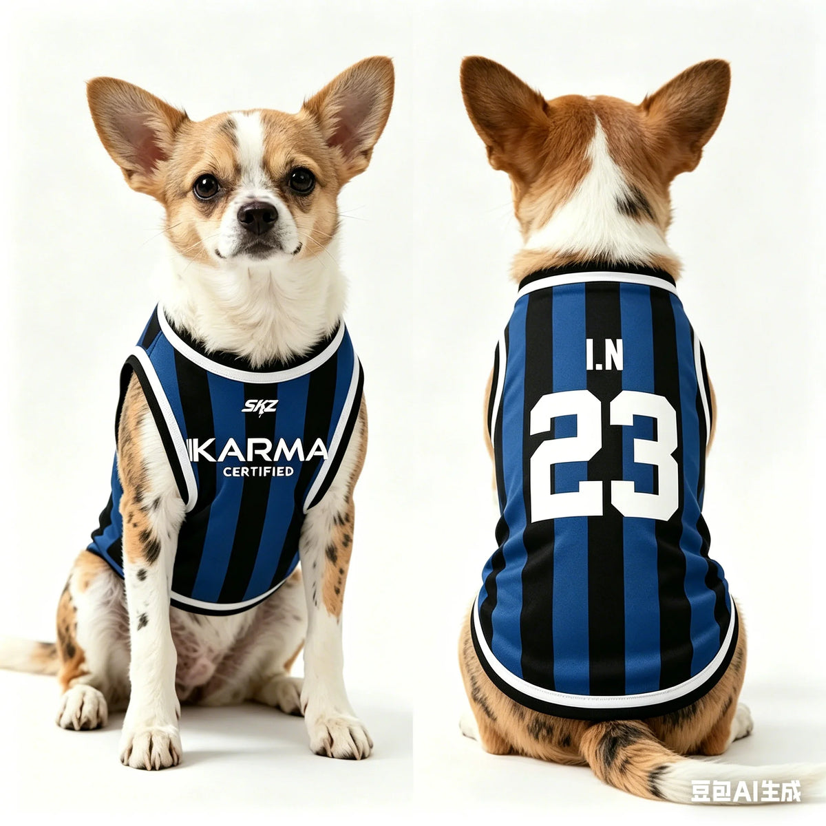 A small dog wearing a navy and black striped tank top with the text I.N. 23.
