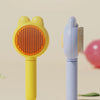 A yellow pet deshedding brush for cats and dogs is shown next to a light blue version.