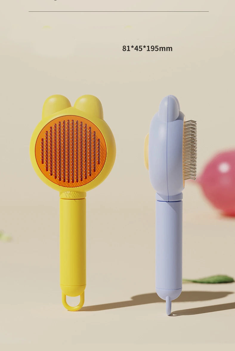 A yellow pet deshedding brush for cats and dogs is shown next to a light blue version.