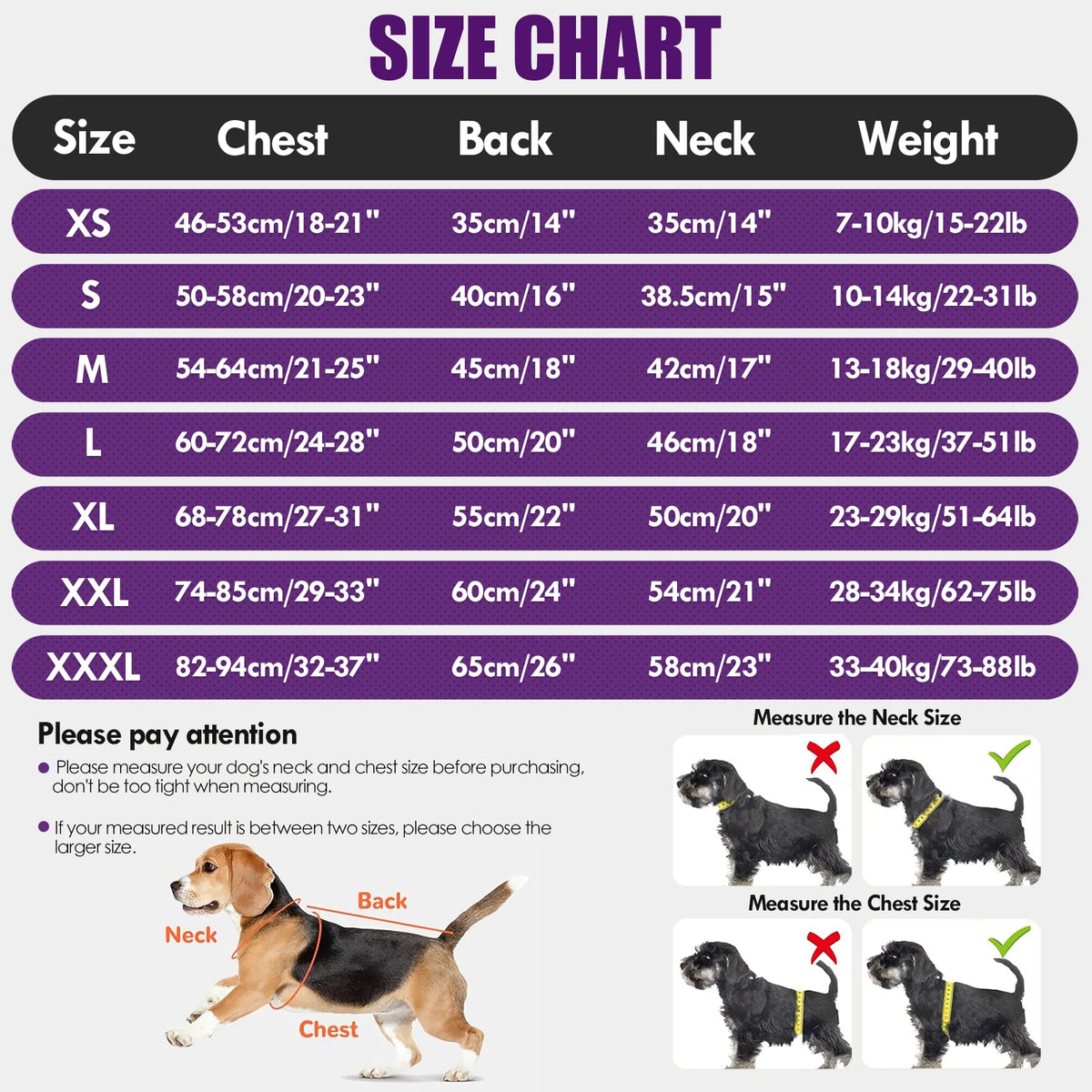 Size chart for a durable waterproof pet raincoat for dogs showing measurements for XS to XXXL sizes
