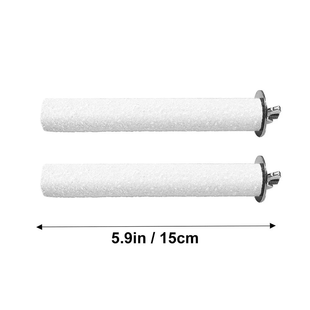 A white cylindrical perch stand, 5.9 inches long, for parrots and birds.