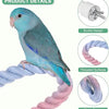 A vibrant blue and teal bird is perched on a pink braided rope, demonstrating a buckle design and threaded surfaces.