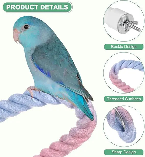 A vibrant blue and teal bird is perched on a pink braided rope, demonstrating a buckle design and threaded surfaces.