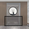 A black mesh foldable pet gate or barrier fence is displayed in a modern interior setting.