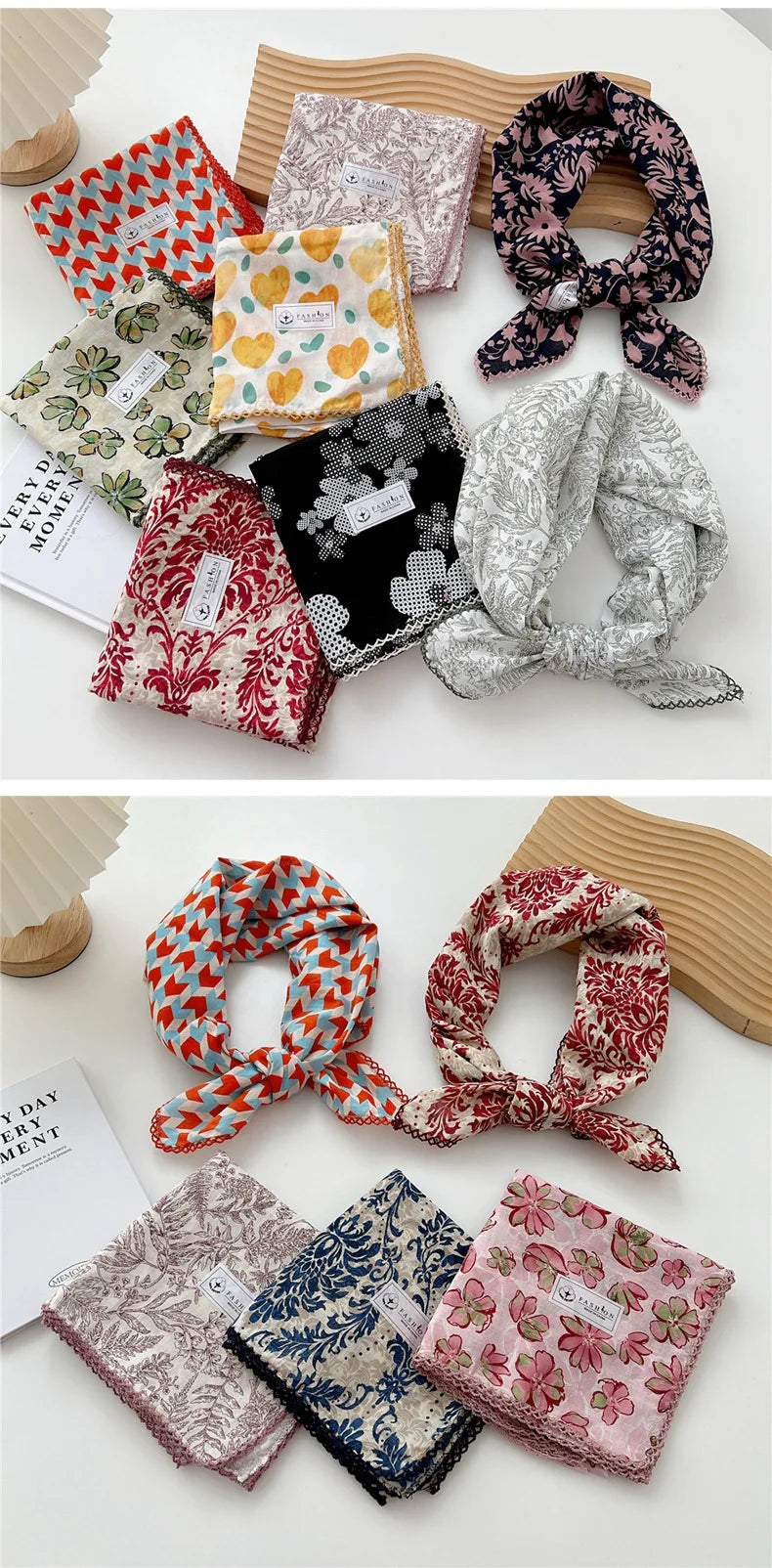 Collection de foulards en coton colorés avec motifs floraux et géométriques dans différentes nuances de rose, vert et noir.