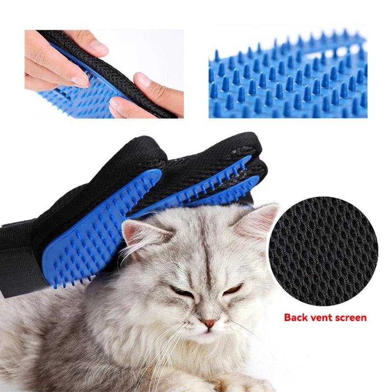 Blue silicone pet grooming gloves shown with a cat, featuring a back vent screen.