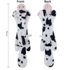 Front and back views of a white and black patterned plush dog toy with pink ears