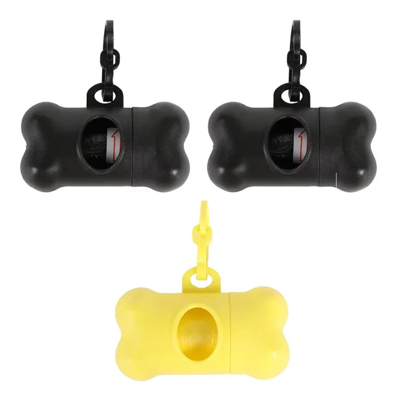 Black bone-shaped poop bag dispenser with a clip and a yellow plastic component.
