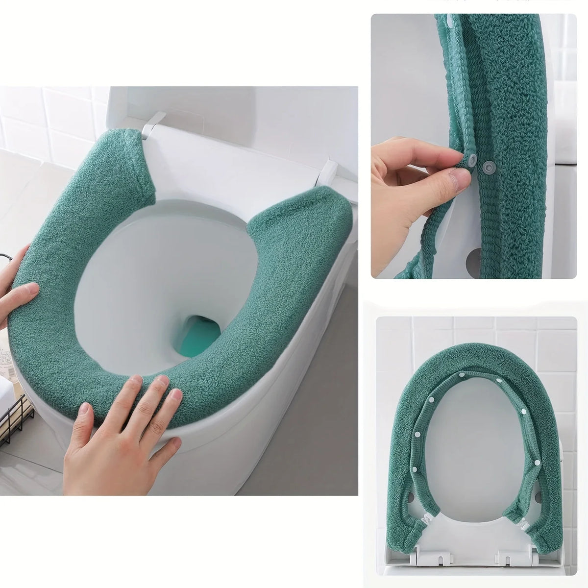 A plush, teal toilet seat cover is shown being installed on a white toilet bowl.