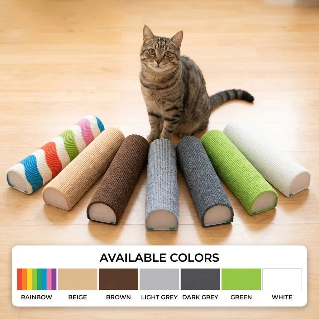 A tabby cat sits among various colored cylindrical scratching posts on a wooden floor.