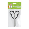 A clear plastic holder for a garbage bag, featuring a black leash clip and a white handle.