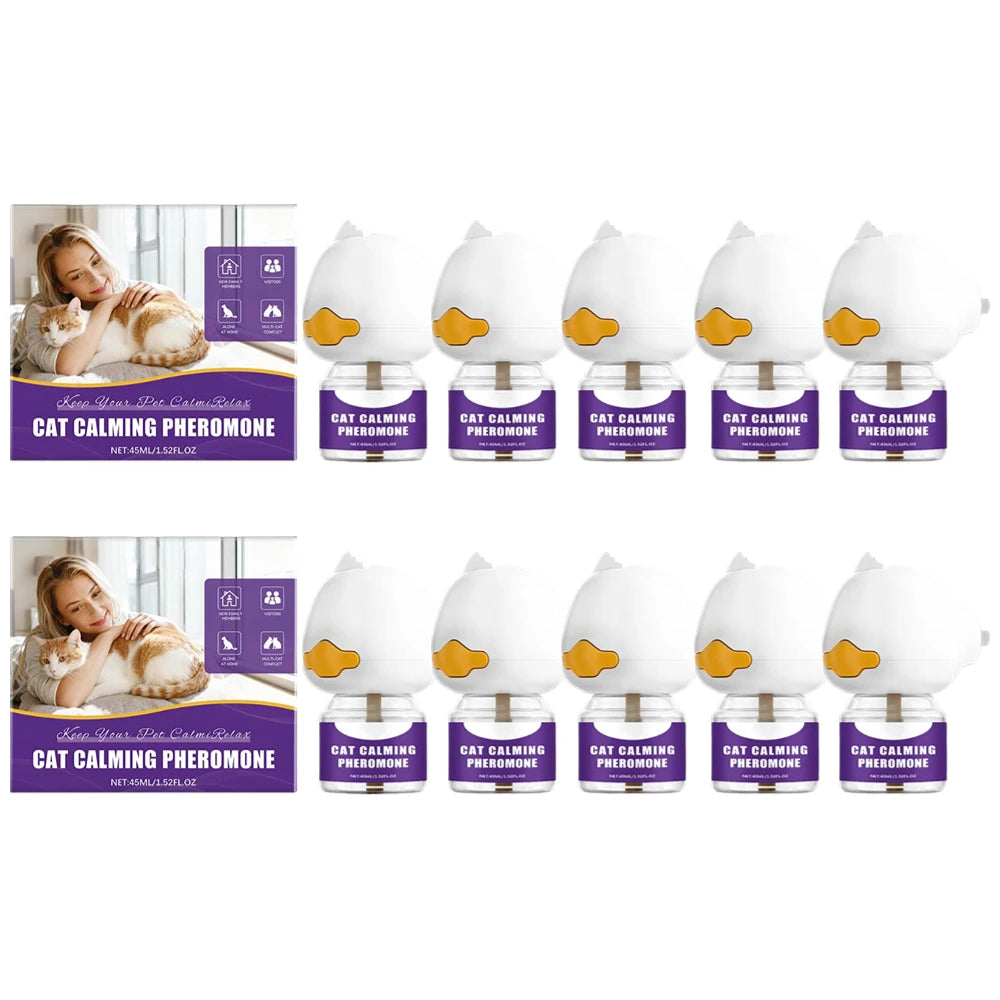 A set of white cat calming pheromone diffusers for anxiety relief and stress reduction.