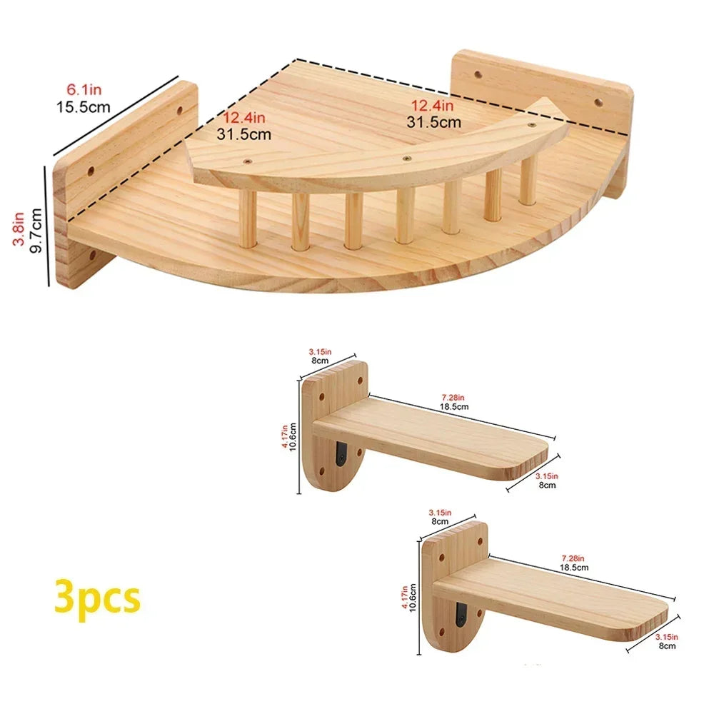 Wooden wall-mounted cat tree featuring scratching stairs and a hammock for climbing and resting.