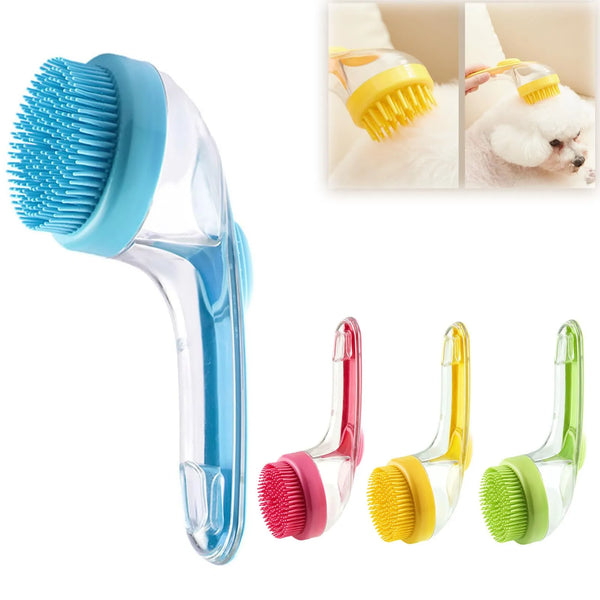 A set of silicone pet bath brushes and shampoo dispensers in various colors, including blue, pink, yellow, and green.
