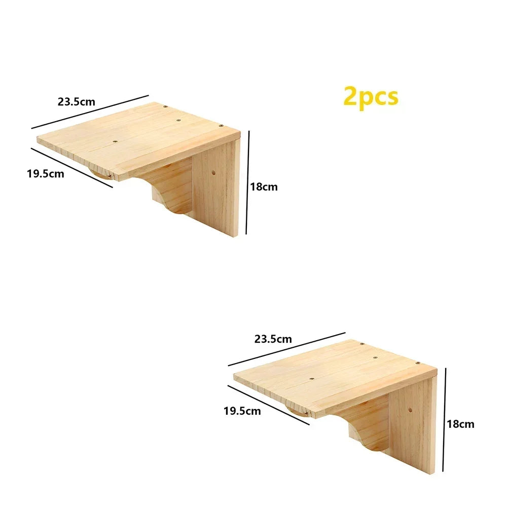 Two wooden modular cat wall shelves featuring a bridge and hammock design.