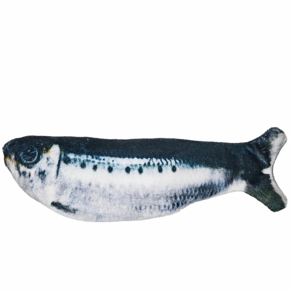 Ein kleines, dunkles und weißes elektrisches Fischspielzeug mit flossenartigem Schwanz.