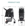 A black 3-wheel foldable pet stroller with mesh windows shown with dimensions.