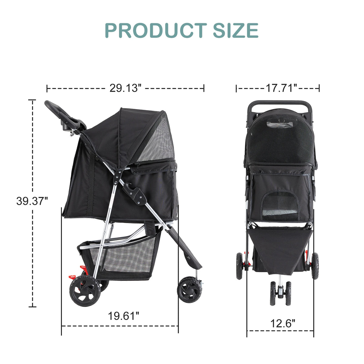 A black 3-wheel foldable pet stroller with mesh windows shown with dimensions.