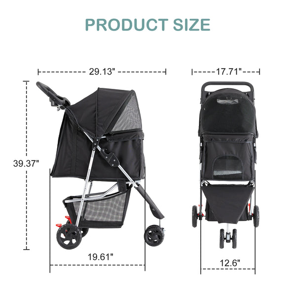 A black 3-wheel foldable pet stroller with mesh windows shown with dimensions.