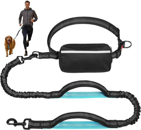 A black retractable bungee waist leash with a zipper pouch and flexible leash shown in various configurations.