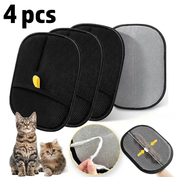 Four reusable pet hair cleaning gloves in black and gray for dogs and cats