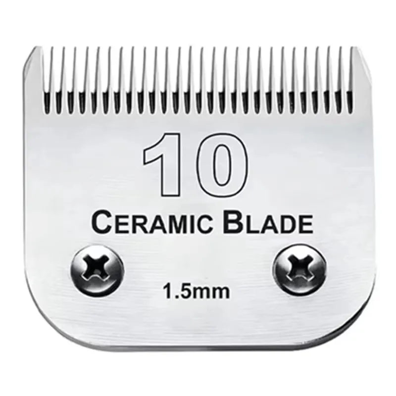 Lame de toilettage en céramique argentée avec 10 dents et une taille de 1,5 mm marquée sur le corps.