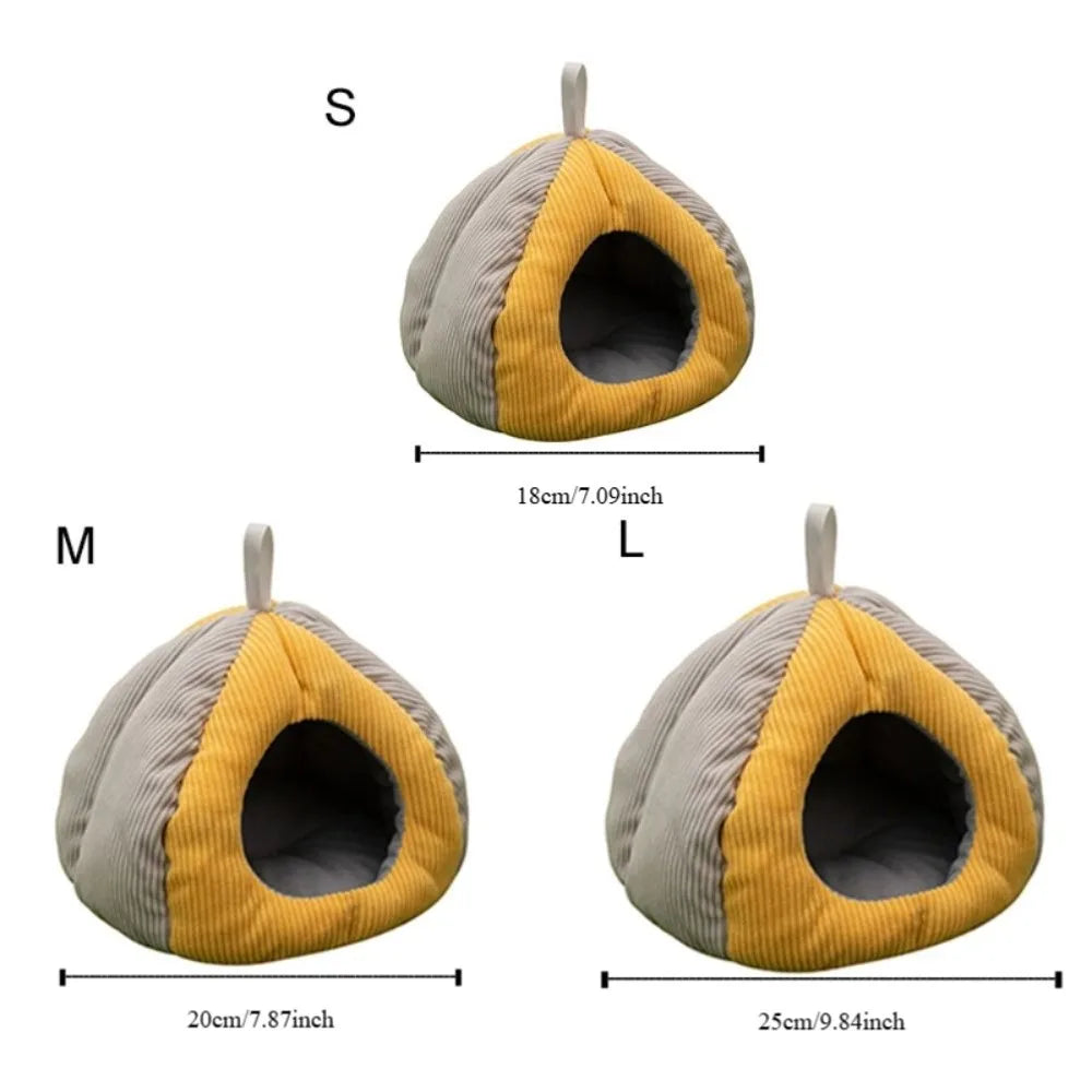 Three sizes of a cozy plush hanging nest for small pets labeled S, M, and L.
