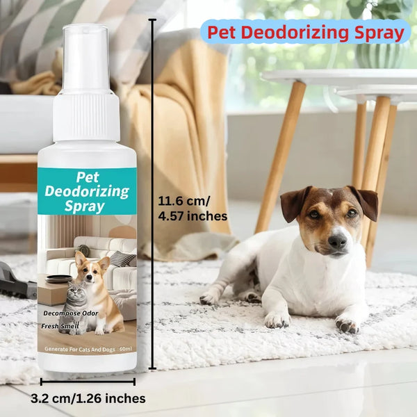 A clear spray bottle of Pet Deodorizing Spray sits on a white surface next to a dog.