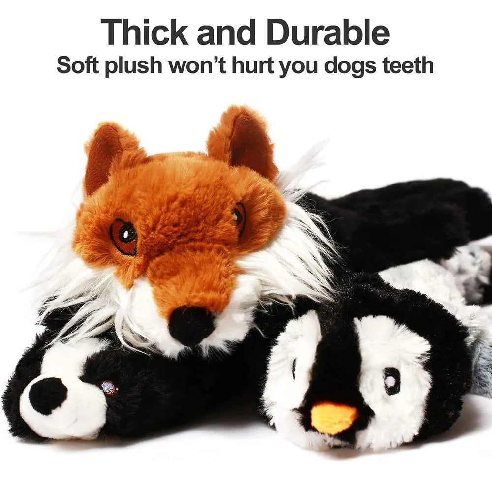 A plush toy resembling a fox and a panda is shown, designed as a thick and durable dog toy.