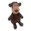 A brown corduroy squeaky dog toy shaped like a dog with a light tan muzzle and ears.