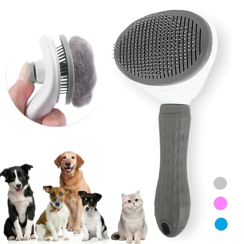 A grooming brush is shown with various dog and cat hair, including a black dog, a golden retriever, and a gray cat.