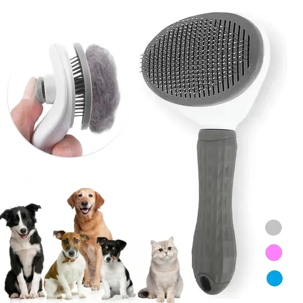 A grooming brush is shown with various dog and cat hair, including a black dog, a golden retriever, and a gray cat.