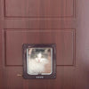 Primer plano de una puerta de madera marrón oscura con una solapa de vidrio rectangular para mascotas donde se ve un gato mir