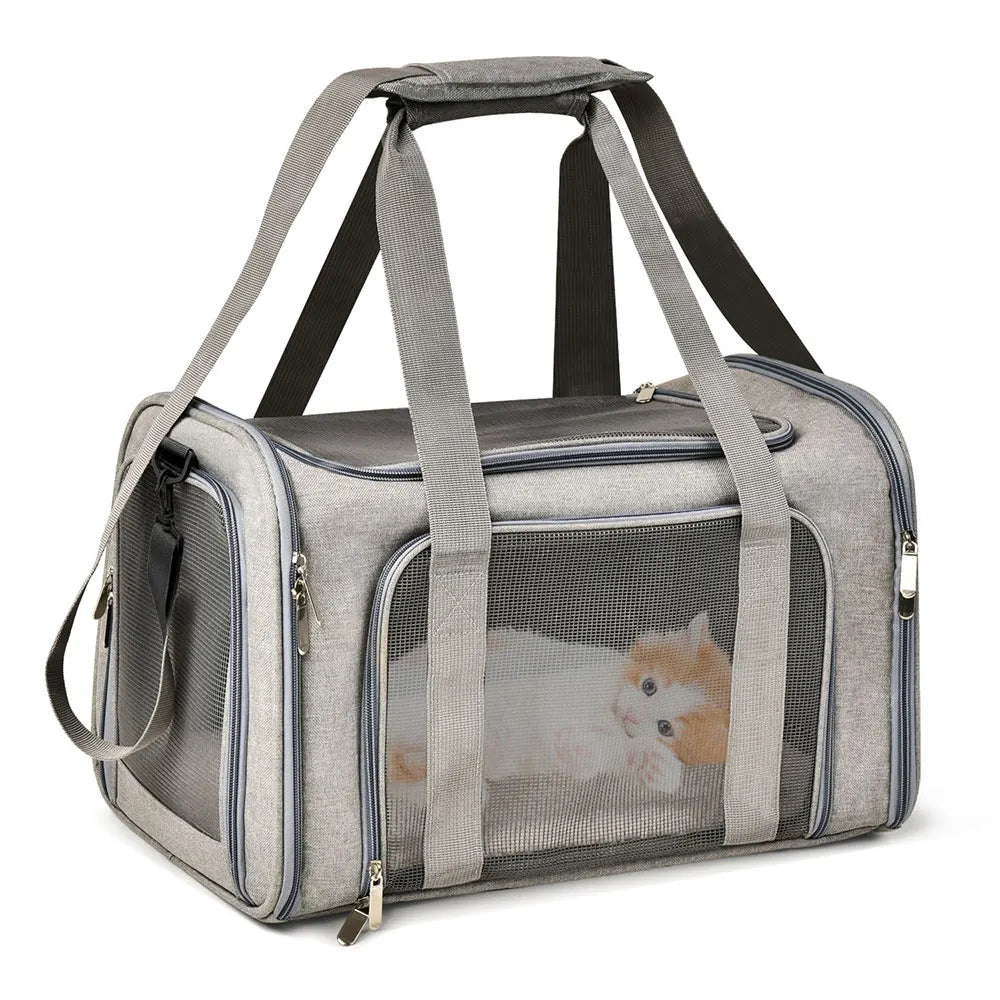 A gray travel pet carrier bag with padded straps, featuring a mesh window showing a small orange kitten inside.