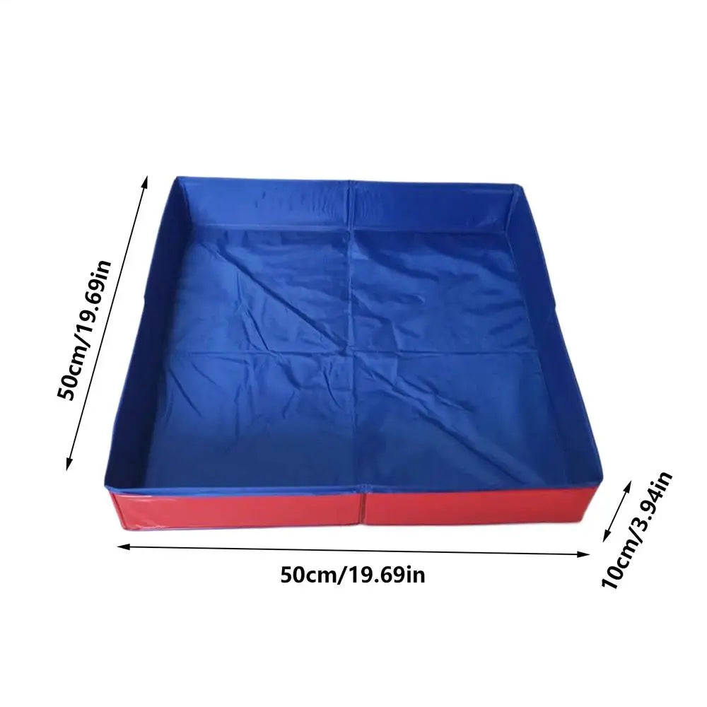 Blue foldable pet wading pool with a red anti-slip base, shown from the top.